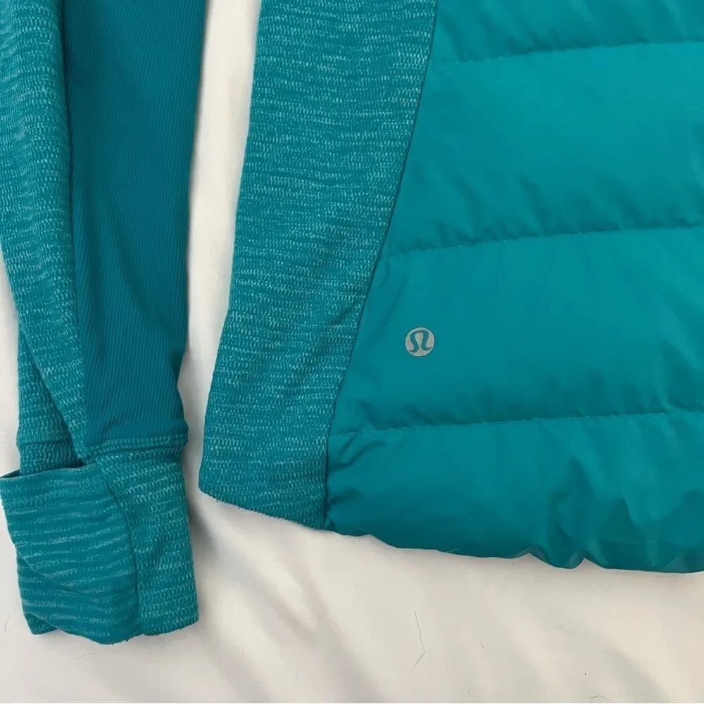 Lululemon Fluff Off Down Jacket Size 4 Pullover Puffer Hooded Blue Teal Goose - Picture 5 of 7